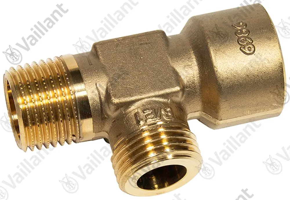 Vaillant T-Stück aus Messing mit zwei G 1/2-Gewinden und einem rechten Winkel. Anwendung in Rohrleitungssystemen zur Wasserverteilung.